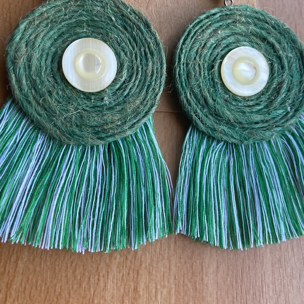 Handmade Jute, Beads And Fringed Tassel Earrings Green Color - Picture 4 of 5